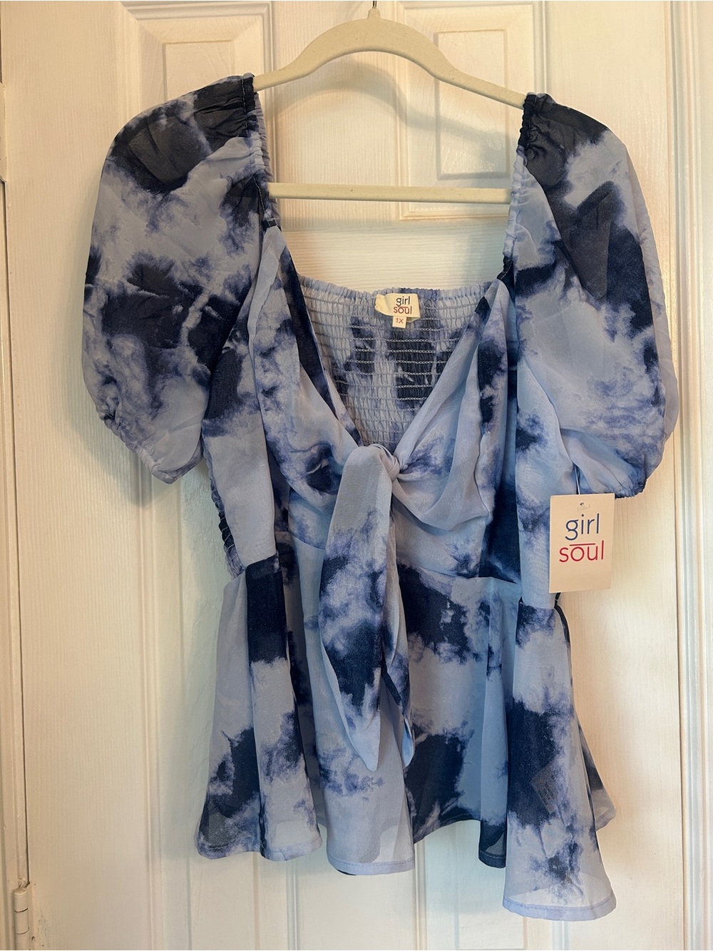 Light Blue Tie-Dye Smocked Peplum Tunic Top
